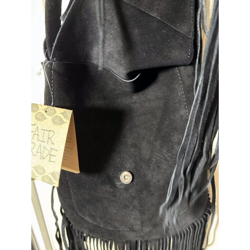 NWT Elegant Black Suede Leather Fringe Purse Bag Bohemian Boho Fair Trade India - Picture 8 of 13